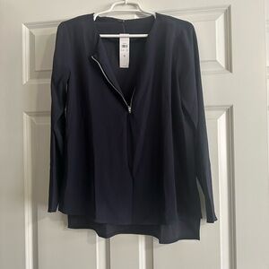 Ann Taylor Navy Zip-Front Long-Sleeve Blouse